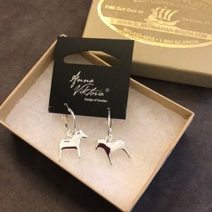 Silver tone Swedish Dala Horse earrings Made in Sweden Hoops with charms